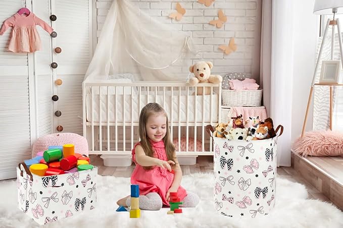 ESSME Pink Girls Hamper,Pink Laundry Hamper,Girls Laundry Hamper, Cute Storage Bin for Room Decor,Baby Girl Laundry Basket, Nursery Hamper,Gift Baskets,Home Organizer(Bowknot)