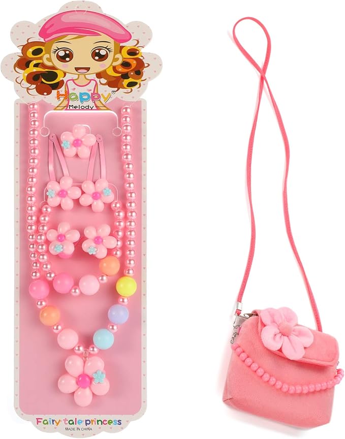 Kids Jewelry Little Girls Plush Handbag Necklace Bracelet Ring Hair Clips Set, Jewelry Party Favors Gift for Dress up Pretend Play