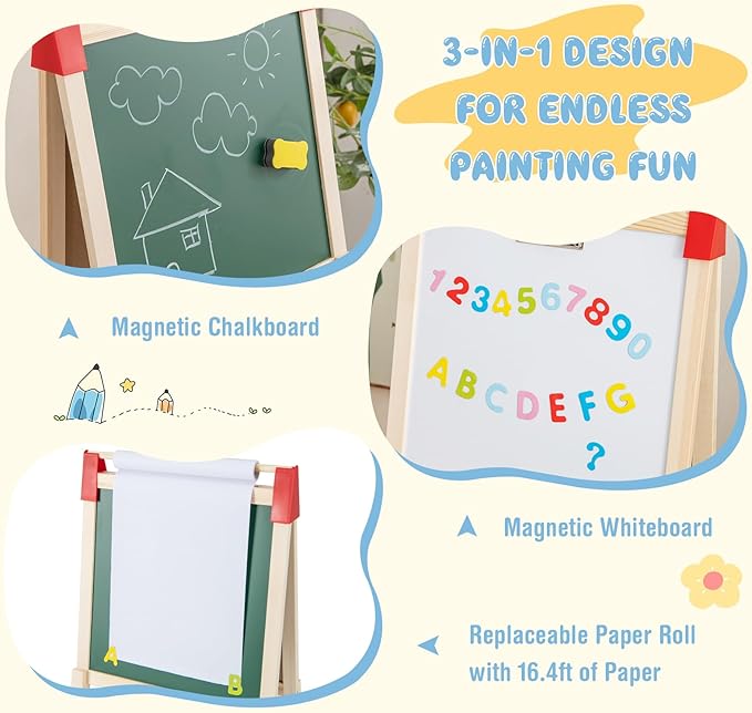 HONEY JOY Easel for Kids, Wooden Height Adjustable Double-Sided Toddler Easel w/Magnetic Chalkboard & White Board, Paper Roll, 60+ Painting Accessories, Magnetic Letters, Art Easel for Boys Girls