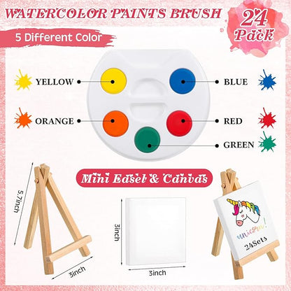 Sabary 24 Sets Valentines Day Gift for Kids, Valentines Gift Painting Cards Painting Canvas Panel with Wooden Easel Watercolor Paint Painting Brush Kit Packaging Bag for Class Gift Art Party