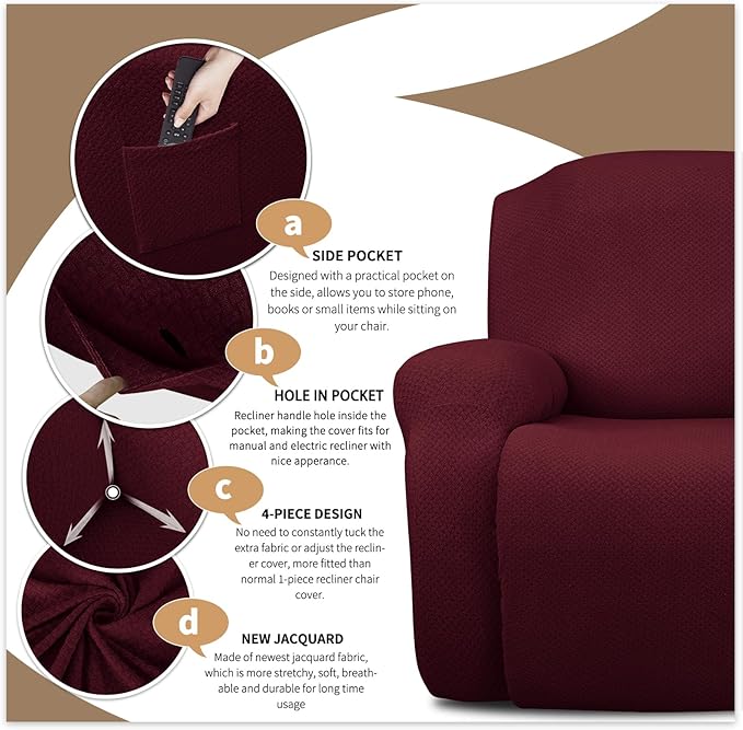 JIVINER 8-Piece Recliner Sofa Covers Stretch Jacquard Couch Covers for Recliner Slipcovers for Living Room 3 Cushion Soft Recliner Protector with Pocket (Sofa Recliner, Wine Red)