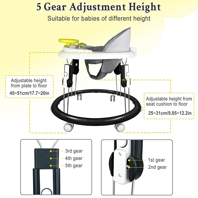 Foldable Baby Walker for Boys and Girls, 5-in-1 Baby Walker with Wheels, Adjustable Height Toddler Activity Walker with Music Tray, Detachable Seat and Mute Anti-Rollover Baby Walkers for 8-24 Months