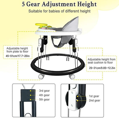 Foldable Baby Walker for Boys and Girls, 5-in-1 Baby Walker with Wheels, Adjustable Height Toddler Activity Walker with Music Tray, Detachable Seat and Mute Anti-Rollover Baby Walkers for 8-24 Months