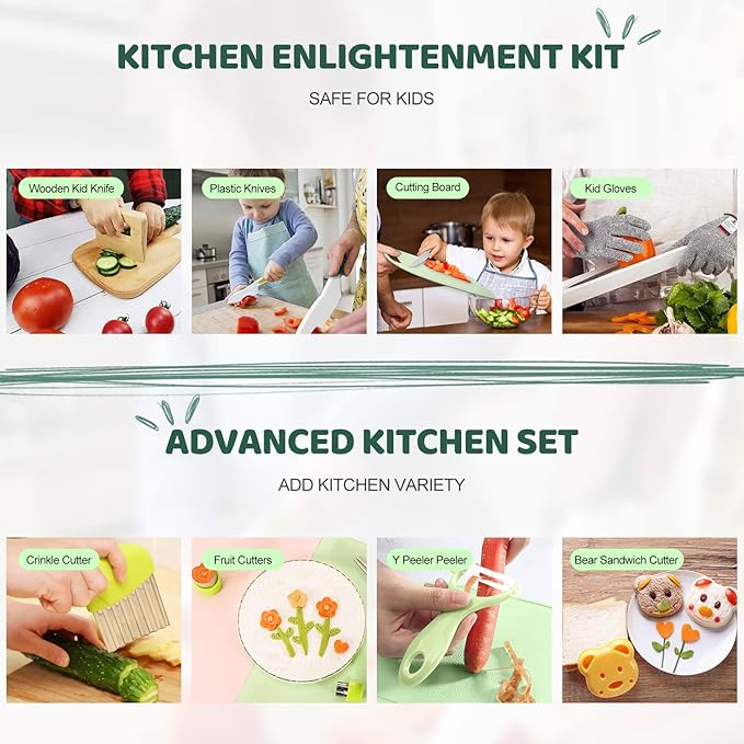 Suhctuptx 14 Pieces Wooden Kids Kitchen Knife Set with Gloves Cutting Board Fruit Vegetable Crinkle Cutters Serrated Edges Plastic Toddler Knifes for Real Cooking Kid Safe Knives - Crocodile