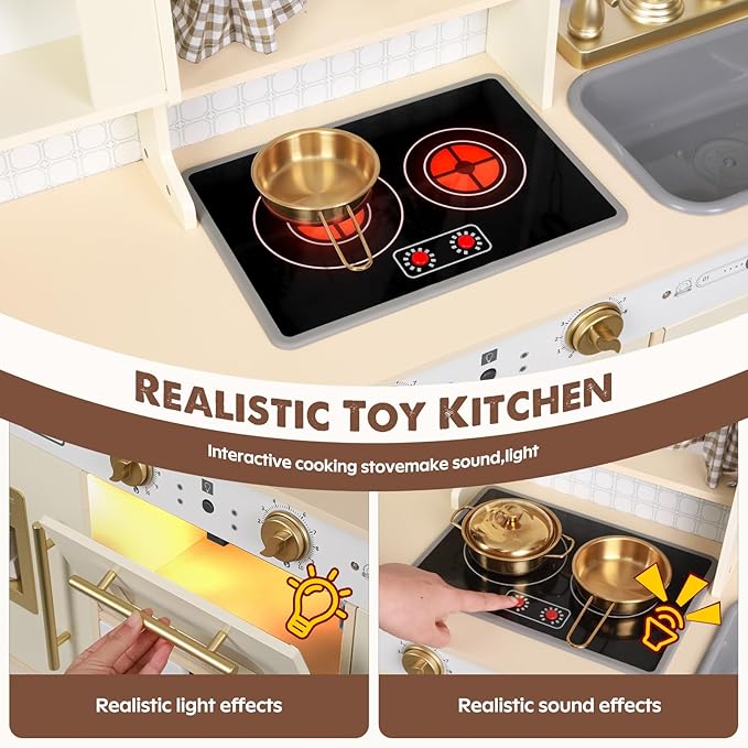 Kids Kitchen playset, Wooden Play Kitchen, Height Adjustable, Comes with Various Kitchen Accessories, Ideal Role Play Toy Gift for Toddlers and Kids Ages 3-8 (White)