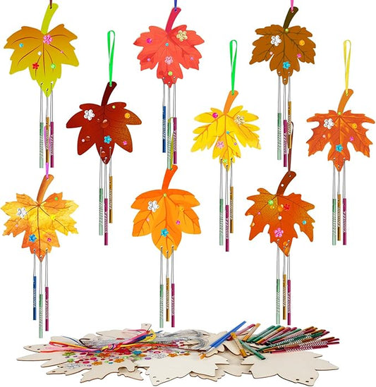 Fennoral 9 Pack Fall Wind Chime Kit for Kids Make You Own Maple Leaf Wind Chime DIY Coloring Fall Craft Wooden Hanging Ornaments Outdoor Activity Autumn Thanksgiving Party Decorations