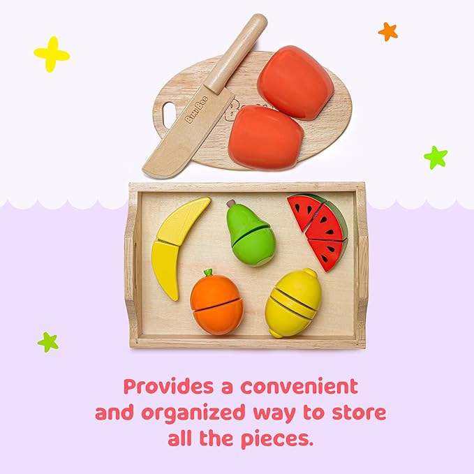 Bimi Boo Wooden Cutting Fruit Set Toy - Play Food Kitchen Accessory, Pretend Play for Toddlers (6 Fruits, Knife, Cutting Board, and Storage Tray)