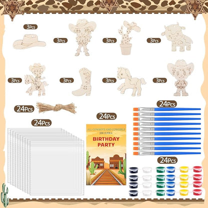 Saypacck 24 Pcs Western Cowboy Party Favors Wooden Painting Craft Kits Birthday Party Supplies with Organza Bag for Goodie Bags Fillers Adult Thank You Gifts