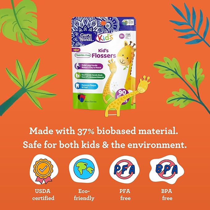 GuruNanda Dental Floss Picks for Kids, Extra-Long Giraffe-Shaped Picks with Fluoride, Anti-Slip & Shred-Resistant Design & Eco-Friendly Handle & Berry Flavor, Ideal for Ages 3+, 90 Count (Pack of 2)