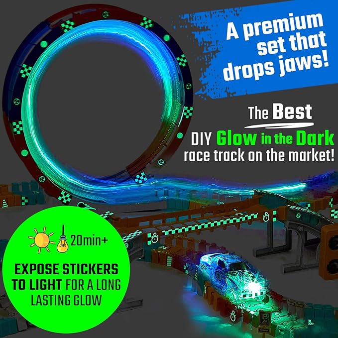 JITTERYGIT Race Track Glow in The Dark Magic Toy Set, Kids Light Up Flexible Car Tracks - Best Birthday Gift for Boys Girls and Toddlers 3 4 5 6 7 8 Year Old