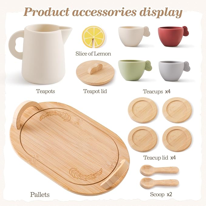 Tea Party Set for Little Girls,Wooden Tea Set,Princess Tea Time Sets for Kids Best Gifts for Toddler with Silicone Teapot Cups Wood Tray Scoop,Dishwasher Safe