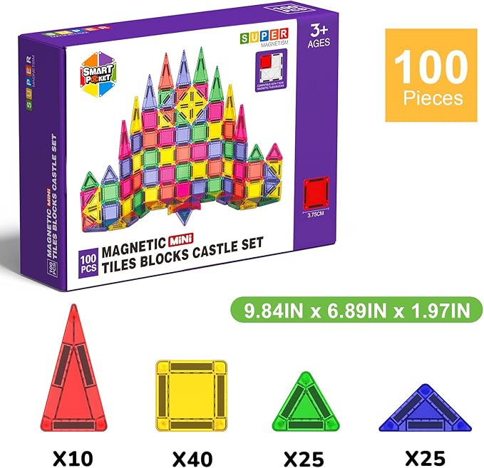 Magneverse 100 PCS Mini Magnetic Tiles - Travel Magnetic Tiles, Micro Magnet Travel Toy for Kids Ages 3+, STEM Educational Building Set Construction Toys, Boys Girls Toddlers Birthdays Gifts