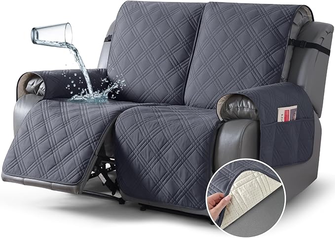 TAOCOCO 100% Waterproof Loveseat Recliner Cover, Non Slip Split Recliner Couch Covers for 2 Cushion Couch with Elastic Straps, Washable Recliner Chair/Furniture Protector for Pets(2 Seater, Dark Grey)