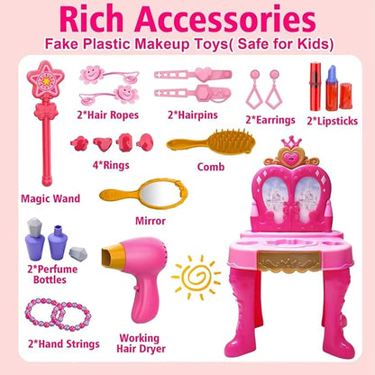Toddler Vanity Magic Makeup Set Table & Chair Girl Toy Automatically Mirror with Music Light Pink Toys for 2 3 4 Year Old Girl Hair Salon Pretend Play Princess Dress Up Playset Valentine Gift Age 3-5