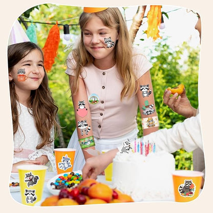 98 PCS Raccoon Party Favors, Raccoon Temporary Tattoos Slap Bracelets Keychains Stickers Badges for Woodland Raccoon Birthday Party Decorations Supplies Gifts for Kids Boys Girls Classroom Rewards