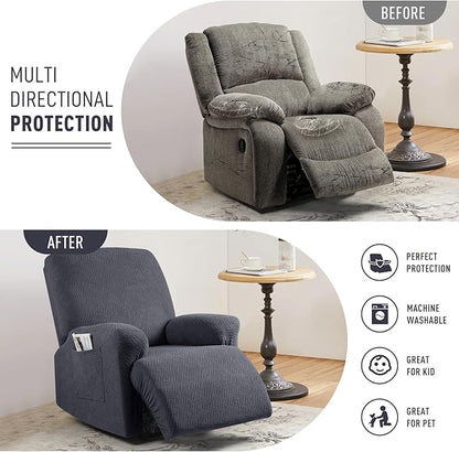 KinCam Recliner Covers, Stretch Reclining Chair Covers, Recliner Sofa Slipcovers Stripe Jacquard Recliner Couch Covers Furniture Protector Covers for Pet Kid (1 Seater, Deep Gray)