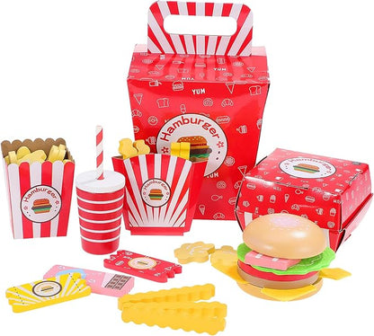 Vaguelly 1 Set Hamburger French Fries Combo Simulation Wooden Food Toys Wooden Kitchen Food Fake Food Wood Pretend Food Kitchen Play Food Happy Burgers Household Paper Bread Child