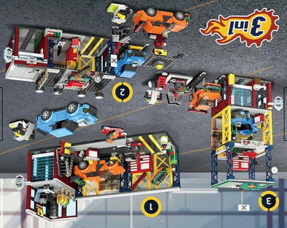 HOGOKIDS City Car Garage Building Set, 1022 PCS 3 IN 1 Auto Repair Shop, Gas Station, Car Wash Building Block with 2 Custom Cars Pretend Play Mechanic Toy Birthday Gift for 8-14+ Boys Teens Girls Kids