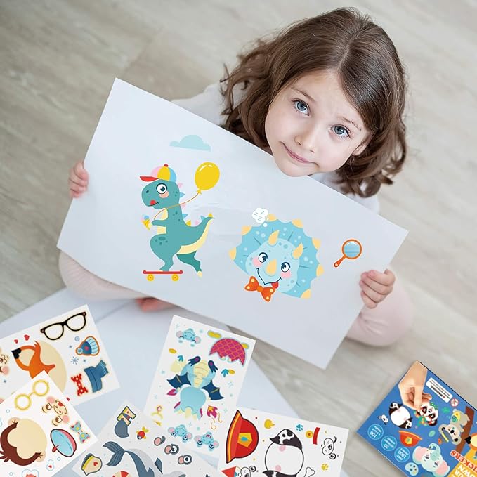 Gooji DIY Make Your Own Stickers for Kids, 60 Sheets Over 1,200 Stickers, 20 Funny Characters and Animals, Customizable Faces with Accessories, Reusable for Party Favors or Arts and Crafts Projects