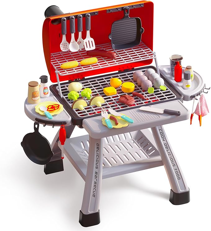 CUTE STONE Kids BBQ Grill Playset, Kitchen Toy Set, Realistic Smoke, Sound & Light,Kitchen Grill Playset,Toy Kitchen Accessories, Indoor Outdoor Interactive Pretend Play Toys for Boys Girls, 23.6" H