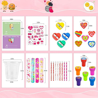 Valentines Day Gifts for Kids, 24 Packs Bulk Stationery Gift for School 192 Pcs Include Cards Pencil Cup Slap Bracelet Eraser Cup Stampers Valentine's Day Classroom Exchange Gifts Party Favors Toys