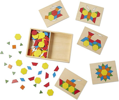 Melissa & Doug Pattern Blocks and Boards - Wooden Classic Toy With 120 Solid Wood Shapes and 5 Double-Sided Panels, Multi-colored - STEAM Animals, Tangrams Puzzle For Kids Ages 3+
