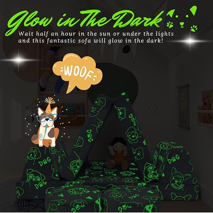 MeMoreCool Glow-in-The-Dark Dog Pattern Kids Play Couch, 8-Piece Modular Fold-Out Toddler Sofa for Playroom Fun