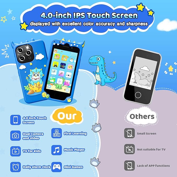 Kids Smart Phone for Boys, 4.0" Touchscreen Learning Music Puzzle-Games Toddler Phone for Kids Ages 3-9, Dual Camera，Built-in 8G SD Card Kids Phone Toy, Gifts for Kids Cell Phone Toy, Light Blue