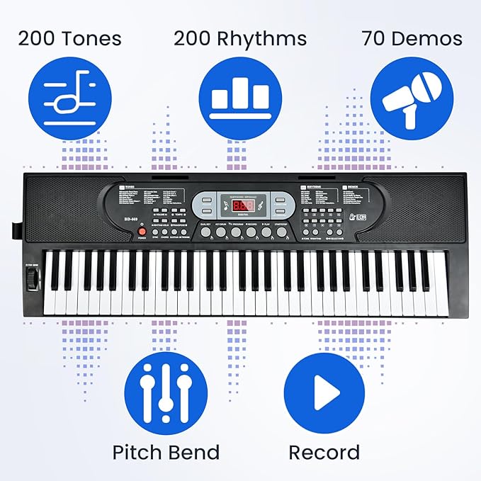 61-Key Lighted Keyboard Piano for Beginners, Electric Keyboard with Pitch Bend & Built-In Speakers, Teaching Mode, Portable Piano Set with Stand, Bench & Microphone