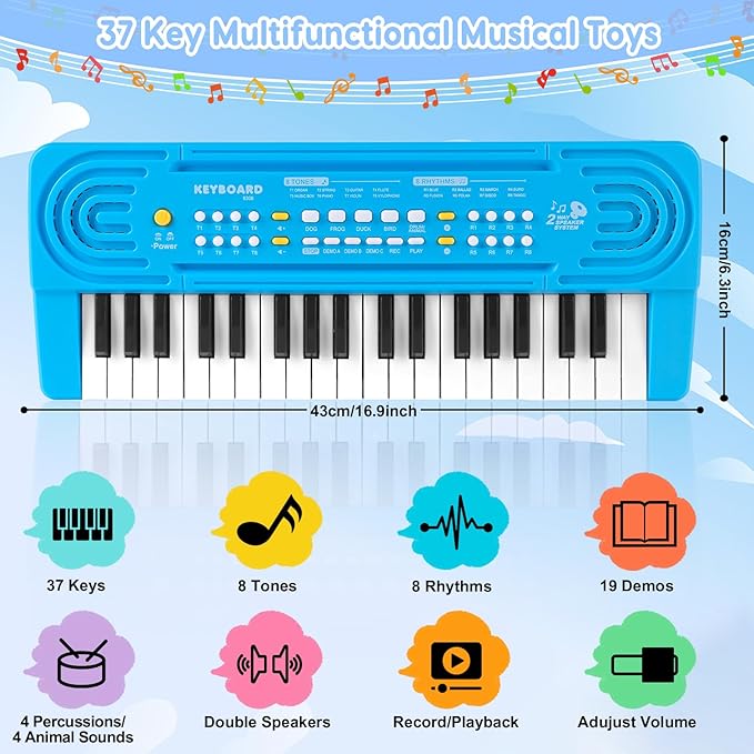 Kids Toddler Toy Piano Keyboard - 37 Key Pianos for Kid Music Toys Instruments with Microphone | Explore Creativity, Perfect Birthday for 3-8 Year Old (Blue)