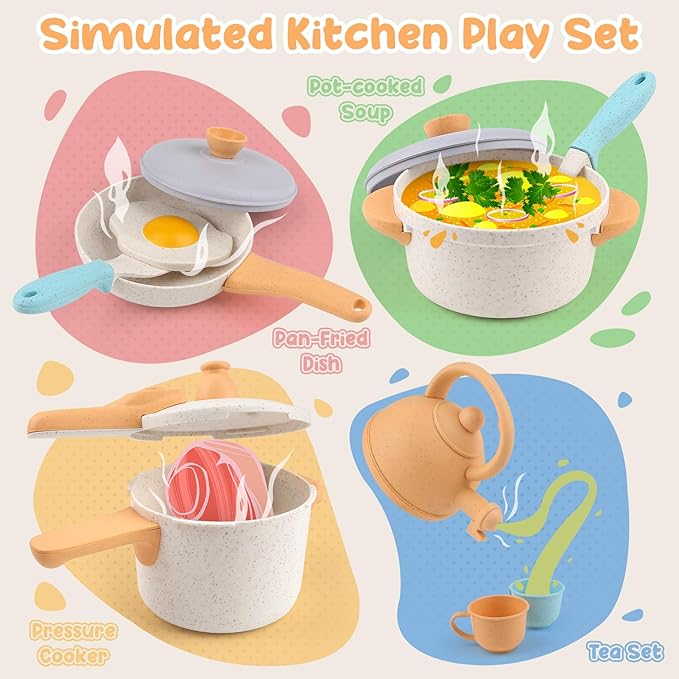 Pretend Play Kitchen Accessories Toys, Pots and Pans Utensils Playset for Kids, Cooking Play Set Gift for Toddlers Boys and Girls 3 4 5 Years Old