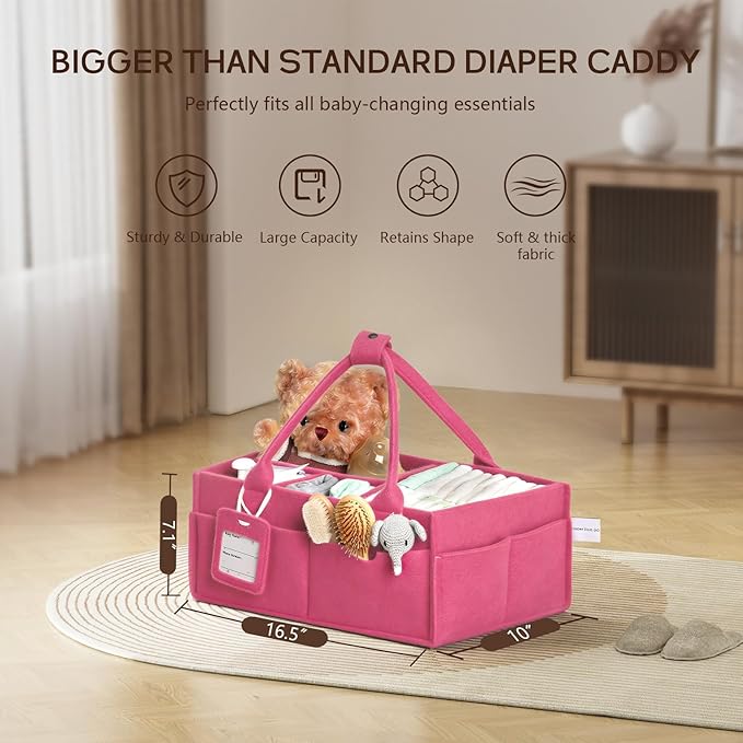 GEMII Diaper Caddy Organizer-Large Baby Caddy Organizer with Handle，Newborn Registry Essentials，Baby Shower Gift Basket for Boy or Girl (Pink, Large)