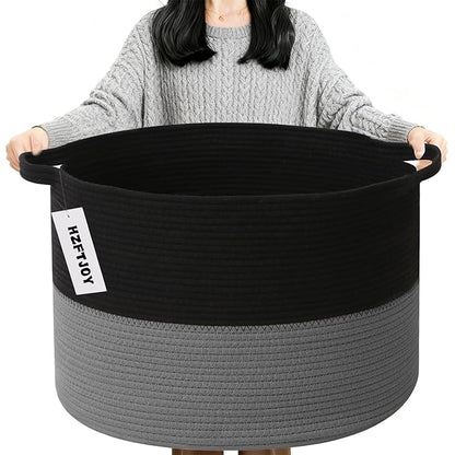 90L Large Blanket Basket, 21.7"x 21.7"x 13.8" Rope Woven Storage Basket with Handles, Laundry Hamper for Toys,Clothes,Pillows & Towels,Perfect for Living Room,Nursery & Bedroom,Black&Dark Grey