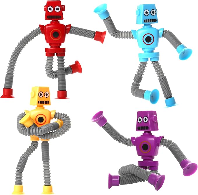 Robot Pop Tube Suction Cup Toys 4PCS, Easter Basket Stuffer Gift for Kid Toddlers Boy Year Old Age 3 4 5 6 7 8, Small Telescopic Fidget Toys for Travel & Airplane Activities Autistic