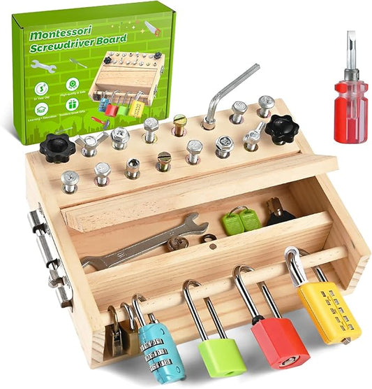 Montessori Screwdriver Board Set, Montessori Toys for 3 4 5 with 6 Locks and Keys, Toddler Screwdriver Toy, Kids Tool Set, Preschool Learning Sensory Toy, Fine Motor Skills Toys