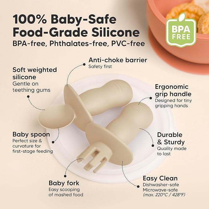 KeaBabies 4-Pack Silicone Baby Spoons and Forks Set - Baby Spoon Self Feeding, BLW Baby Utensils 6-12 Months, Baby Led Weaning Feeding Spoon,Teething Infant Baby First Food Training Spoon (Terracotta)