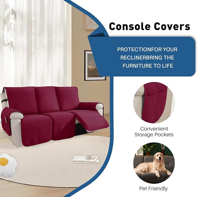 Easehomey Waterproof Recliner Sofa Cover Non-Slip couch cover recliner sofa 3 section with Elastic Straps Two Pockets, Washable Couch Covers Furniture Protector for Kids,Dogs (Wine Red, Recliner Sofa)