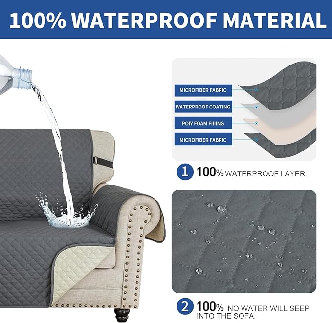 XINEAGE Loveseat Sofa Cover Waterproof Couch Covers for 2 Cushion Couch, Soft Washable Slipcover with Pockets & Non-Slip Elastic Straps, Thick Furniture Protector (Loveseat, Dark Grey)