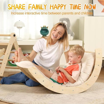 Pikler Triangle Set with Cushion, 7 in 1 Toddler Climbing Toys Indoor, Montessori Foldable Climbing Set, Wooden Climbing Toys for Toddlers 1-3 Inside with Ramp, Arch and Ladder (Nature Wood)