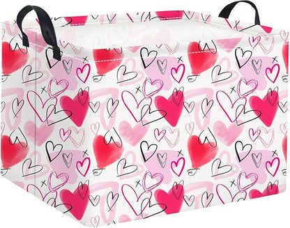 HIYAGON Rectangular Valentines Basket Fabric Storage Bin Storage Boxes Collapsible Storage Basket for Clothes Books Shelves Basket(Pink Purple Heart)