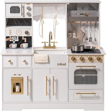 ROBUD Play Kitchen for Kids, Wooden Play Kitchen Set with Plenty of Realistic Play Features, Toy Kitchen with Ice Maker, Coffee Machine, Oven, Cabinet, Microwave, Utensils, Gift for Ages 3+, White