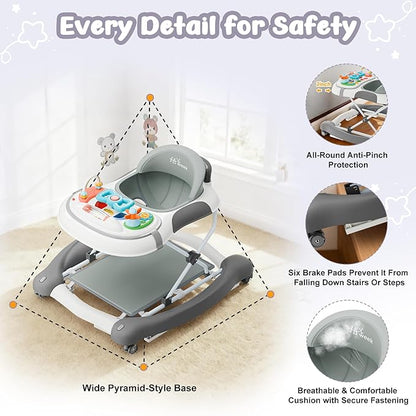 5-in-1 Foldable Baby Walker，Music and Lights Baby Walker with Wheels,Height Adjustable Infant Walker, with Activity Center, Rocker, Bouncer,Push Walker & Feeding Tray for Babies 6-18 Months (Gray)