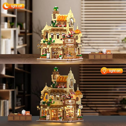 City Bakery Cafe House Building Set with Light, 1289 PCS Baking Shop Building Block Toy with Coffee Cake Bread Bakery Room, Pastry Construction Model for Adults Teens Kids Boys Girls Ages 8-12+