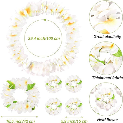 HOBBY HORSE 6 Pieces Hawaiian Luau Flower Leis Halloween Decor Leis White Necklaces Bracelets Headband Anklets Set Tropical Party Favor for Halloween Cosplay Beach Wedding Birthday Party Supplies