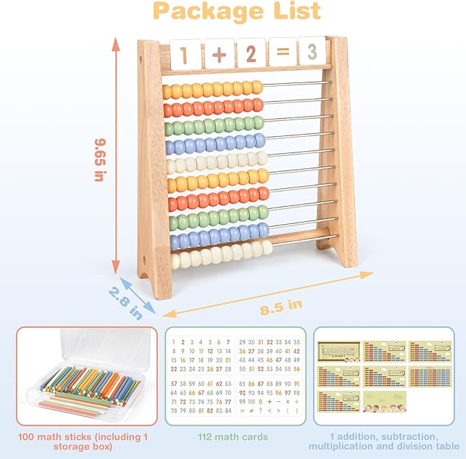 Abacus for Kids Math - Wooden Abacus with 100 Counting Sticks and 112 Math Cards, Counting Toys for Preschool Learning, Educational Math Toys for Developing Fine Motor Skills, Math Calculation