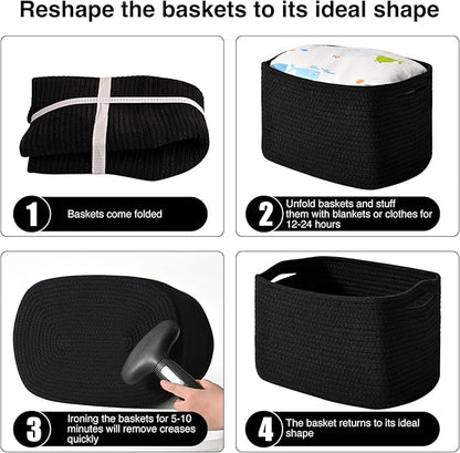 ICERZCZ Black Storage Baskets for Organizing Shelves, Toy Basket for Nursery, Woven Cotton Rope Basket for Decor, Towel Baskets for Bathroom, 15"x11"x9.5", 3 Packs, Black