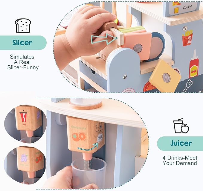 ROBUD Pretend Play Food Toys for Kids Toddlers, Wooden Kitchen Food Sets for Boys Girls - Sandwich Counter with Deli Slicer
