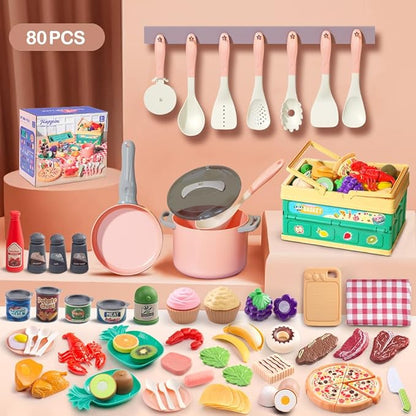 80Pcs Kitchen Playset, Toddler Pretend Cooking with Pots, Pans, Cookware, Food, Picnic Blanket, Fruits, Veges, Shopping Storage Basket, Dessert, Learning Gift for Girls Boys (Pink)