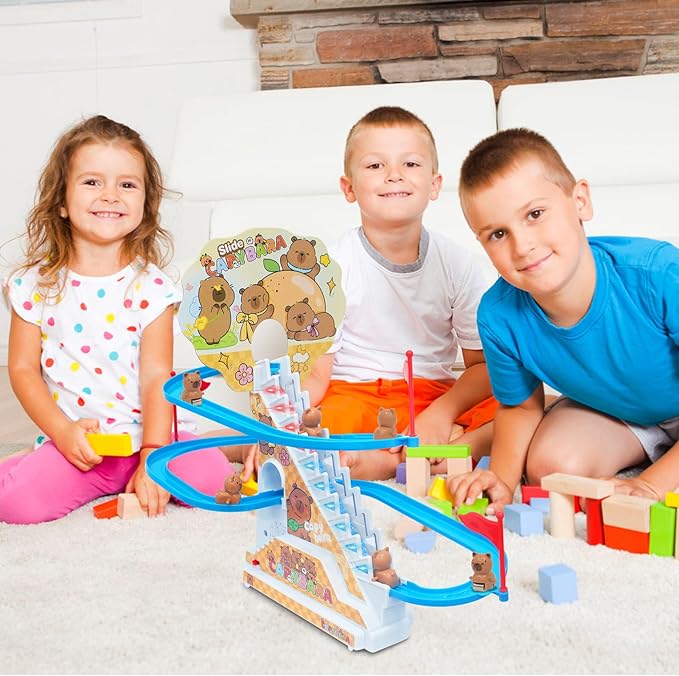 Roller Coaster Toys for Toddlers, Climbing Stairs Slide Toy Set with Flashing Lights & Music On/Off Button, Birthday Capybara Gifts for Boys Girls Kids
