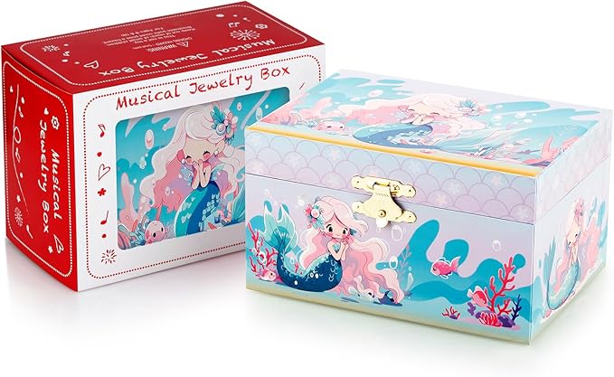 RR ROUND RICH DESIGN Kids Musical Jewelry Box for Girls Include Pretty Jewelry Set with Cute Mermaid Theme - Beautiful Dream Tune Blue